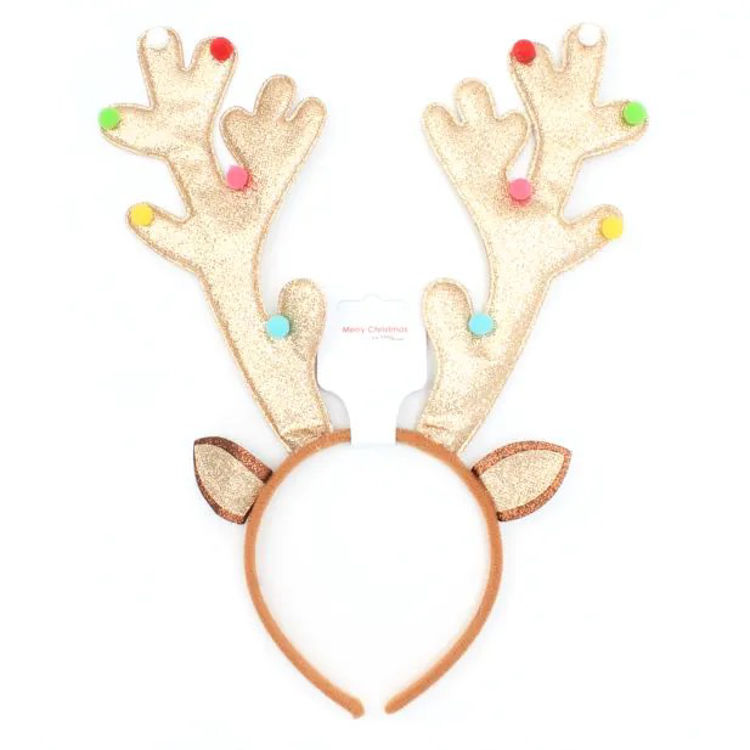 Picture of 8807-GOLD GLITTER REINDEER ANTLER AND POM POM ALICEBAND